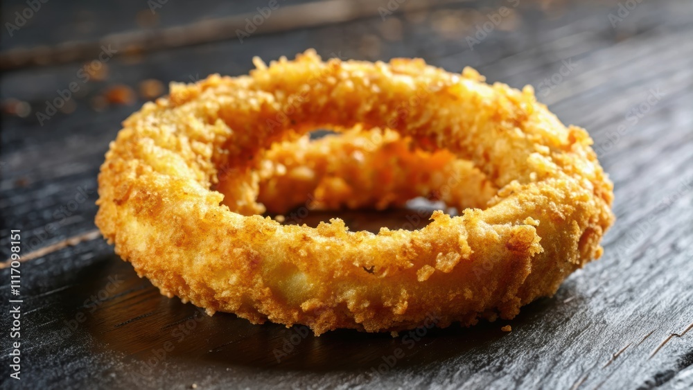 Crispy golden fried onion ring with a crunchy coating , snack, appetizer, deep fried, greasy, side dish, fast food Crispy golden fried onion ring with a crunchy coating , snack, appetizer, deep fried, greasy, side dish, fast food