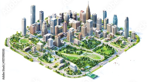 City with parks, roads, commercial buildings, and green spaces in 3D view.