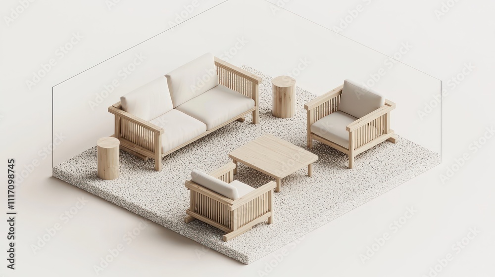 A minimalist lounge with pine furniture and ecru tones in a clear space, 3D view. A minimalist lounge with pine furniture and ecru tones in a clear space, 3D view.