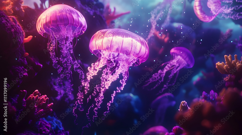 Vibrant pink jellyfish swim gracefully amidst glowing coral reef. Vibrant pink jellyfish swim gracefully amidst glowing coral reef.