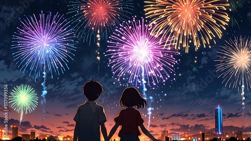 Cartoon anime style, teens smile happy new year Abstract colored fireworks background with beautiful fireworks lighting up the night sky. Bokeh 