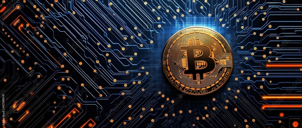 Explore the fusion of technology and cryptocurrency with bitcoin on a black network circuit board.