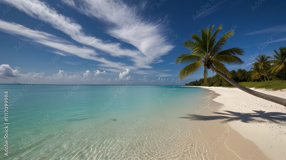 Fototapeta premium Beautiful beach with turquoise water, white sand, a palm tree, and a partly cloudy sky