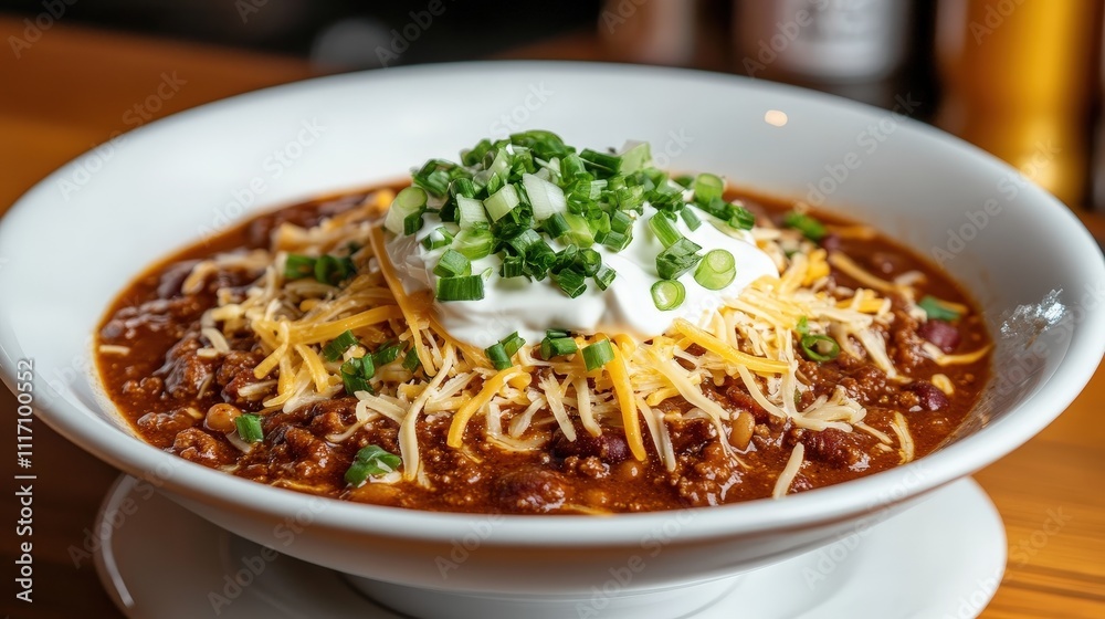 Bowl of spicy chili topped with shredded cheese, sour cream, and green onions Bowl of spicy chili topped with shredded cheese, sour cream, and green onions