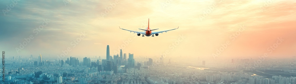 A plane flying over a city skyline during sunset, showcasing travel and urban landscapes. A plane flying over a city skyline during sunset, showcasing travel and urban landscapes.
