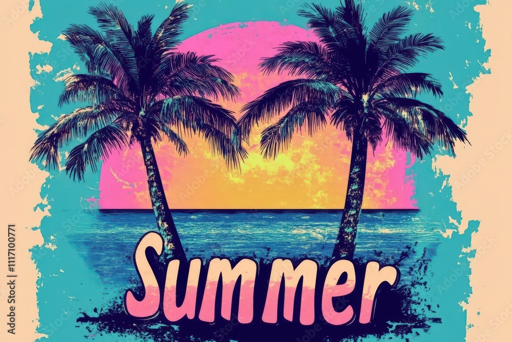 Obraz premium Vintage retro poster featuring two palm trees at sunset.