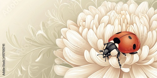 A ladybug perched on a large, soft flower with a delicate floral background.