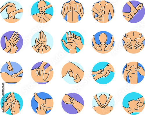 massage therapy relaxation icons set vector. wellness healing, therapy stress, tension, rejuvenation holistic, bodywork, spa massage therapy relaxation color line illustrations