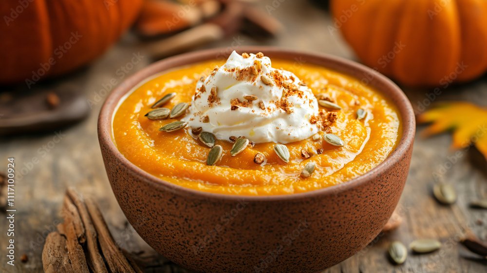 A bowl of pumpkin soup with a dollop of whipped cream and a few toasted sunflower seeds sprinkled on top. A bowl of pumpkin soup with a dollop of whipped cream and a few toasted sunflower seeds sprinkled on top.