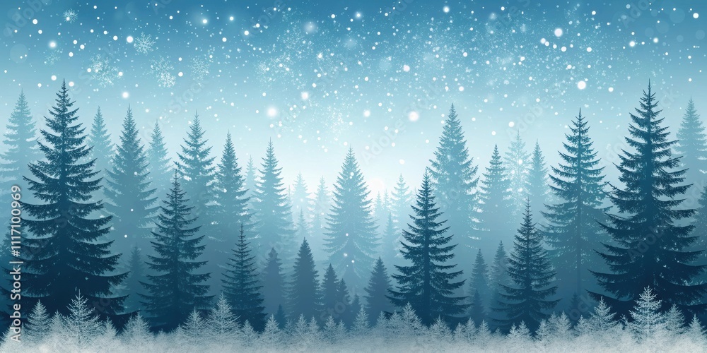 Obraz premium Winter template with spruce forest silhouette and falling snow, winter, template, abstract, spruce, forest, silhouette, snowfall