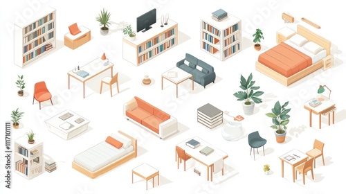 Flat 3D isometric designs of various furniture including beds, couches, and tables.