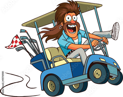 Funny Mullet haired Man Driving Golf Car Crazily