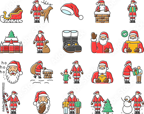 santa claus christmas reindeer icons set vector. sleigh northpole, elves gifts, jolly chimney, naughty nice tradition holiday festive santa claus christmas reindeer color line illustrations
