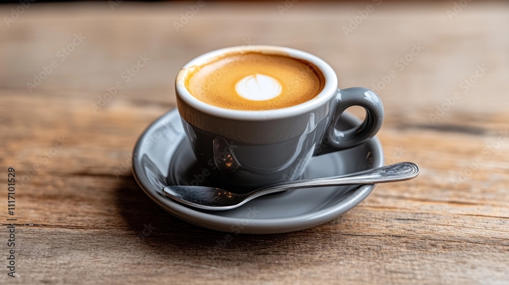 Fototapeta premium A close-up of a latte in a gray cup on a wooden table.