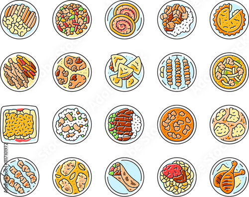 chicken dishes roast grilled icons set vector. fried baked, barbecue teriyaki, curry, casserole parmesan, piccata marsala, tandoori chicken dishes roast grilled color line illustrations