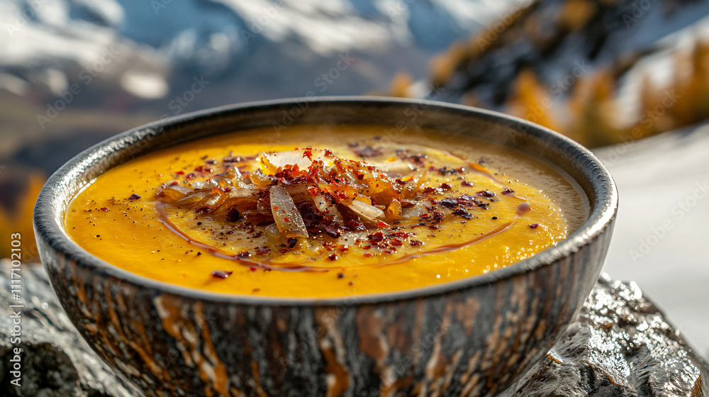 A bowl of pumpkin soup with a topping of roasted beetroot and a sprinkle of feta cheese, served with fresh crusty bread. A bowl of pumpkin soup with a topping of roasted beetroot and a sprinkle of feta cheese, served with fresh crusty bread.