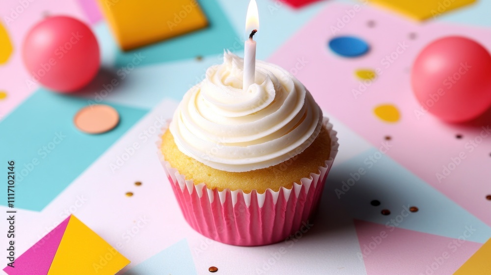 A colorful birthday cupcake with a candle on a vibrant, playful background. A colorful birthday cupcake with a candle on a vibrant, playful background.