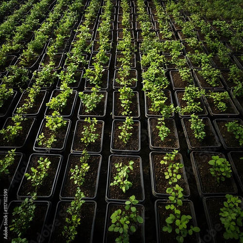 Aerial view of numerous young plants in black pots, neatly arranged in rows within a greenhouse. photo