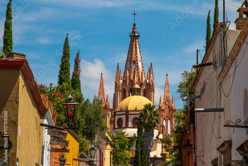 Rear view of the Parish of San Miguel Arcangel, in San Miguel de Allende. Perspective view of the alley that ends with the parish