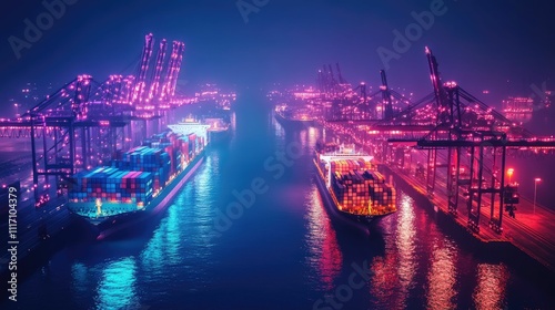 Nighttime harbor; cargo ships, illuminated cranes.