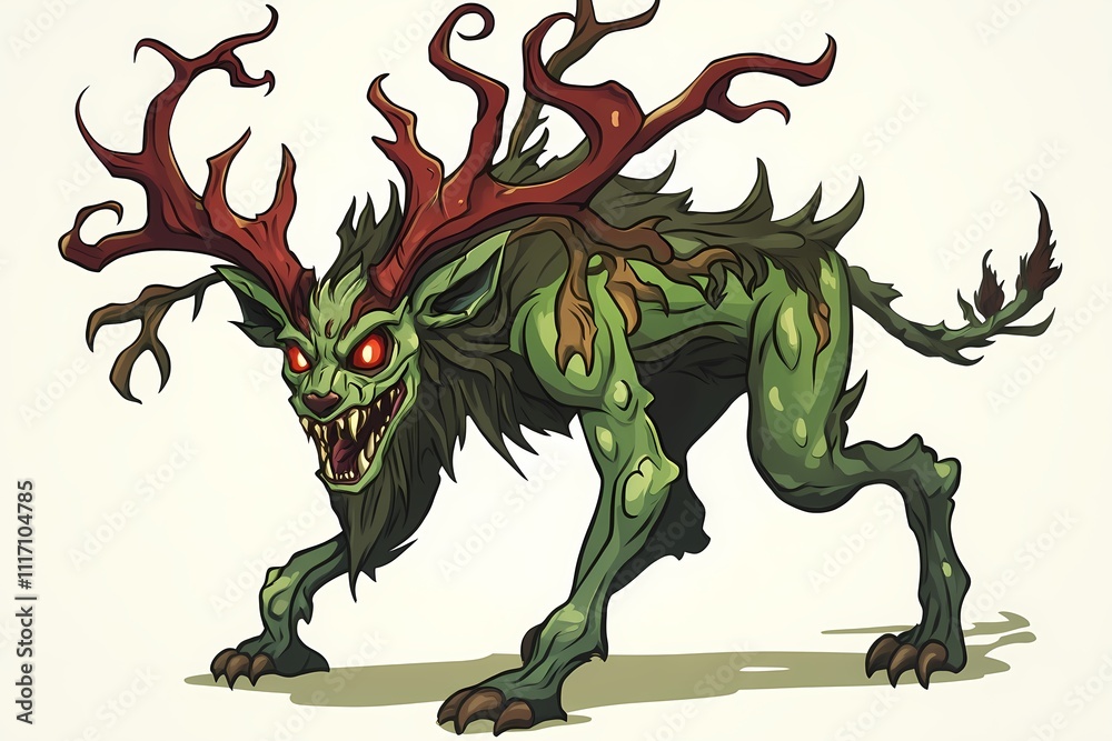 Fototapeta premium Frightful Green Monster with Antlers: A Digital Creature Illustration