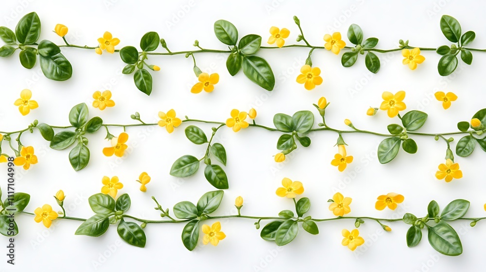 Yellow flowers and green leaves arranged in rows Yellow flowers and green leaves arranged in rows