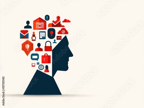 Wallpaper Mural creativity startup expansion concept. Profile silhouette filled with various digital and communication icons representing ideas and technology. Torontodigital.ca