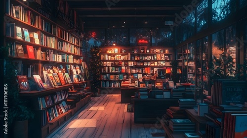 A dimly lit bookstore interior filled with bookshelves, books, and plants.