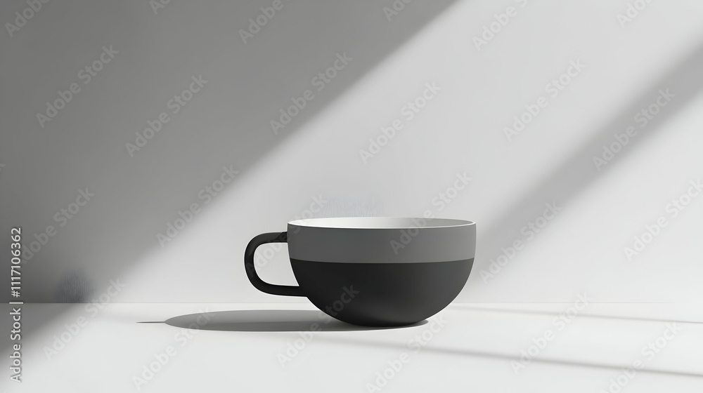 A grayscale image of a simple, modern mug sitting on a white surface, illuminated by a diagonal shaft of sunlight. A grayscale image of a simple, modern mug sitting on a white surface, illuminated by a diagonal shaft of sunlight.