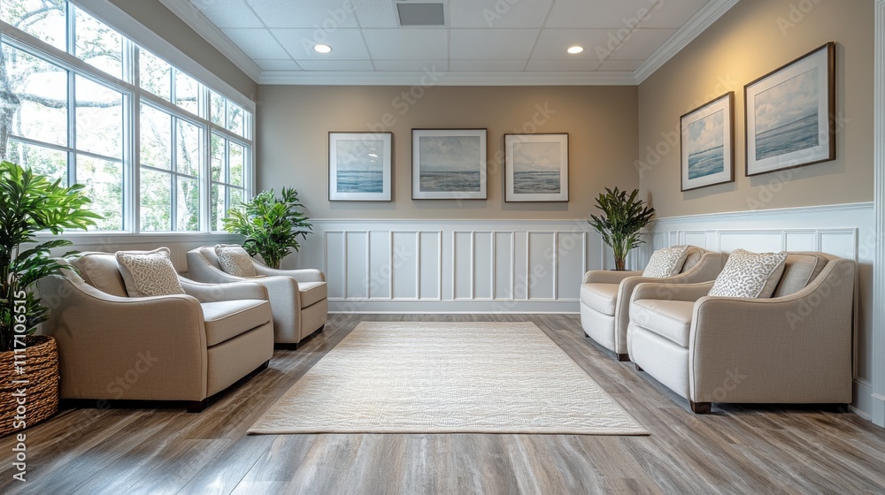 Obraz premium The inviting waiting area showcases comfortable beige armchairs arranged neatly, adorned with decorative pillows.