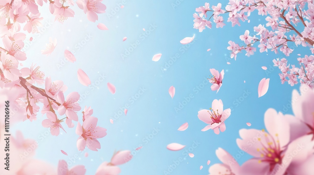 Blooming cherry blossoms on a clear blue sky, soft pink petals and branches extending from the left, vibrant spring atmosphere, gentle sunlight creating shadows, copy space on the right Blooming cherry blossoms on a clear blue sky, soft pink petals and branches extending from the left, vibrant spring atmosphere, gentle sunlight creating shadows, copy space on the right