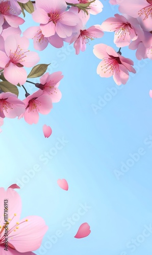 Blooming cherry blossoms on a clear blue sky, soft pink petals and branches extending from the left, vibrant spring atmosphere, gentle sunlight creating shadows, copy space on the right