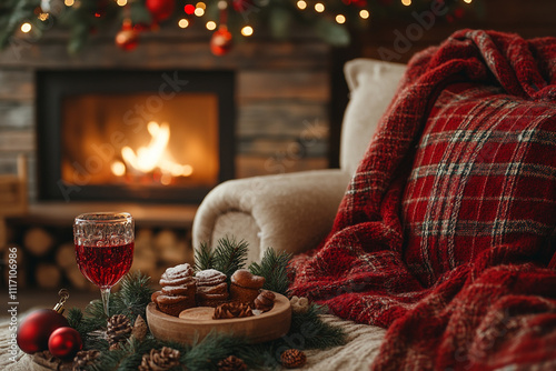 a cozy holiday lounge, featuring a decorated fireplace, comfortable seating, and holiday snacks. The lounge is warm and inviting, creating a perfect spot for relaxation and holiday gatherings. 