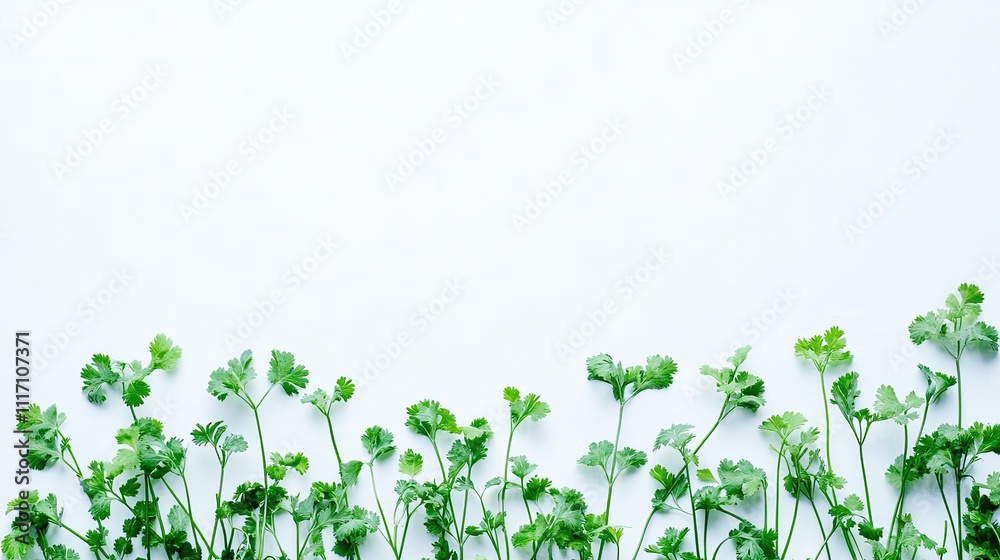 Fresh cilantro leaves with stems isolated on a white background, showcasing their delicate structure. Fresh cilantro leaves with stems isolated on a white background, showcasing their delicate structure.