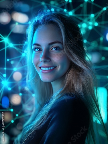 Smiling Woman Gazes at Futuristic Cityscape with Blockchain Connections