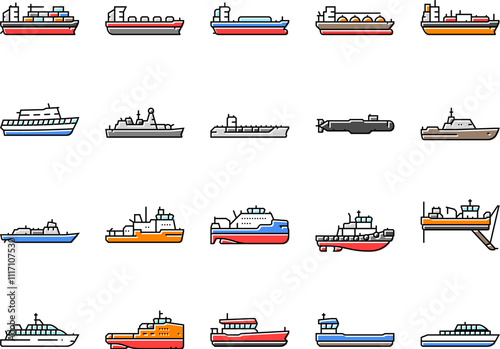 ship cargo maritime navigation icons set vector. deck hull, port starboard, stern bow, keel mast, sail captain, crew, voyage, dock ship cargo maritime navigation color line illustrations