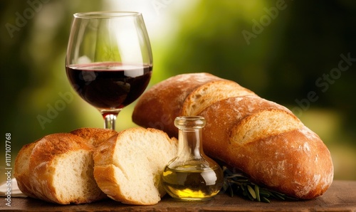 A rustic meal featuring bread, red wine, and olive oil against a soft, natural background.