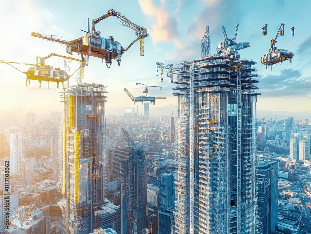 Fototapeta premium Futuristic cityscape, skyscrapers under construction, flying vehicles.