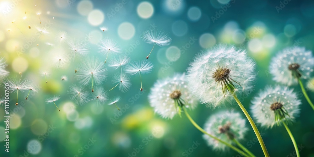 Abstract blurred nature background with dandelion seeds parachuting down. Bokeh pattern in nature, dandelion, seeds Abstract blurred nature background with dandelion seeds parachuting down. Bokeh pattern in nature, dandelion, seeds