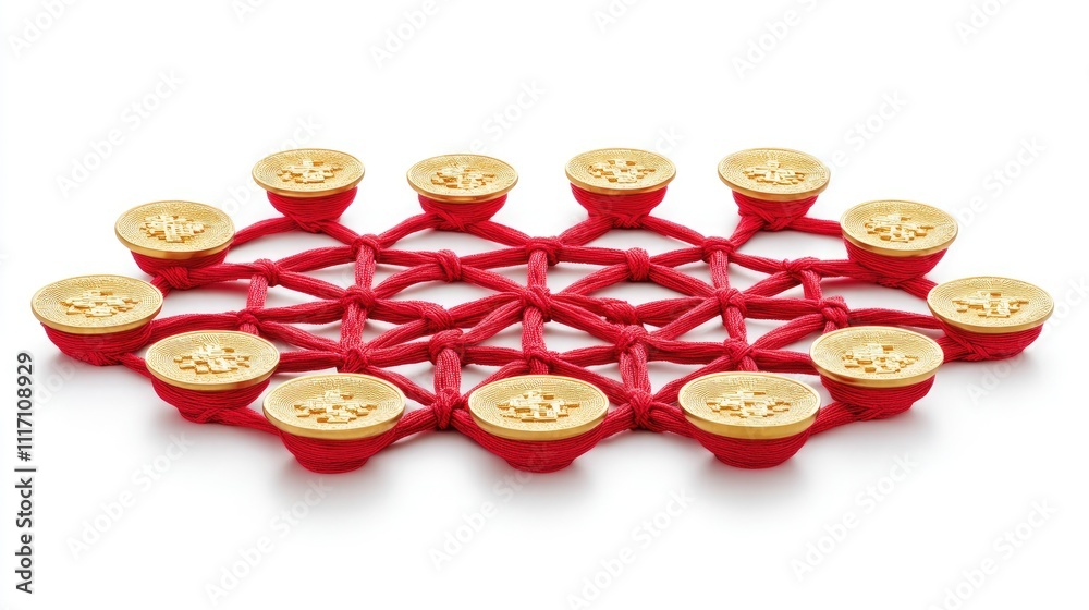 Isolated image of gold ingots and coins on a white background with traditional red Chinese knots Isolated image of gold ingots and coins on a white background with traditional red Chinese knots