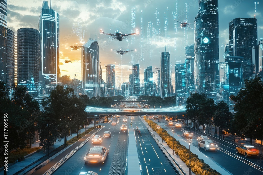Naklejka premium Futuristic city, flying vehicles, highway traffic.