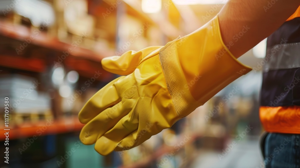 Obraz premium Close-up of worker's hand holding protective glove, symbolizing labor rights and safety in industrial environment. 