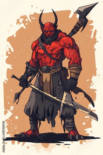 Crimson Barbarian: A digital painting of a powerful, red-skinned demon warrior wielding swords and a spear, a fierce and imposing figure. photo