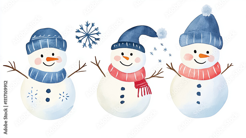 Cheerful snowmen in winter hats and scarves, surrounded by snowflakes, create festive atmosphere. Perfect for holiday decorations and seasonal themes Cheerful snowmen in winter hats and scarves, surrounded by snowflakes, create festive atmosphere. Perfect for holiday decorations and seasonal themes
