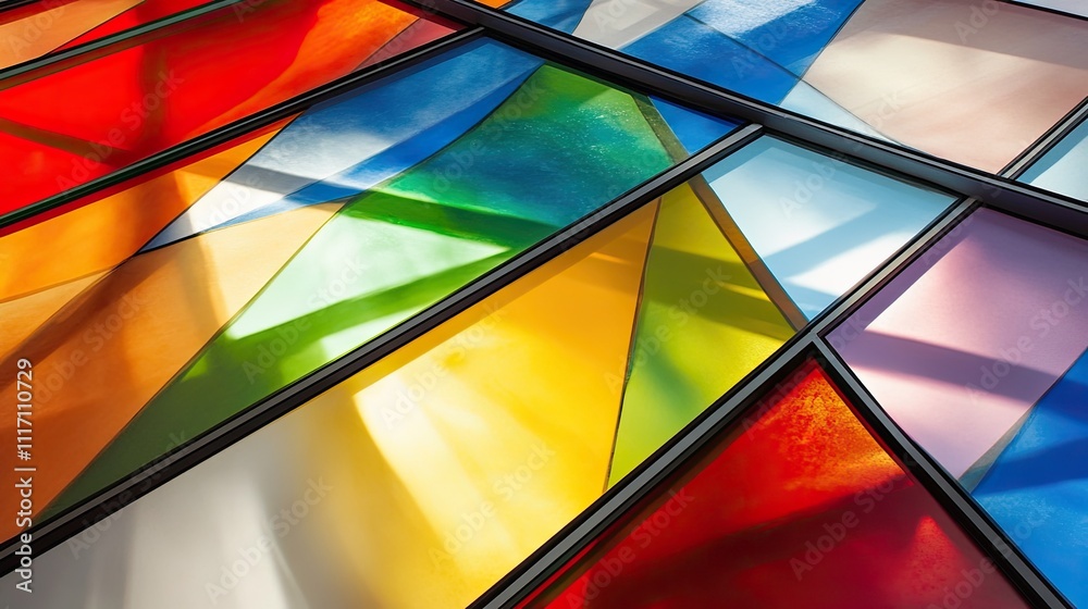 Fototapeta premium Static-filled rainbow screen with bold geometric shapes, evoking a nostalgic and futuristic feel.