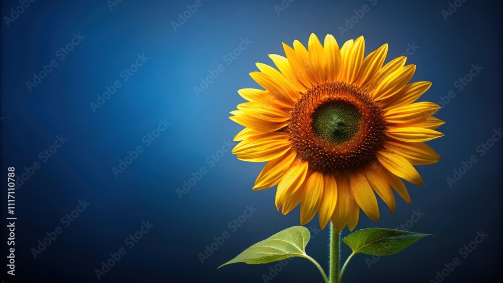 Obraz premium Blooming sunflower over deep blue background, sunflower, bloom, flower, vibrant, colorful, nature, beauty, yellow, petals