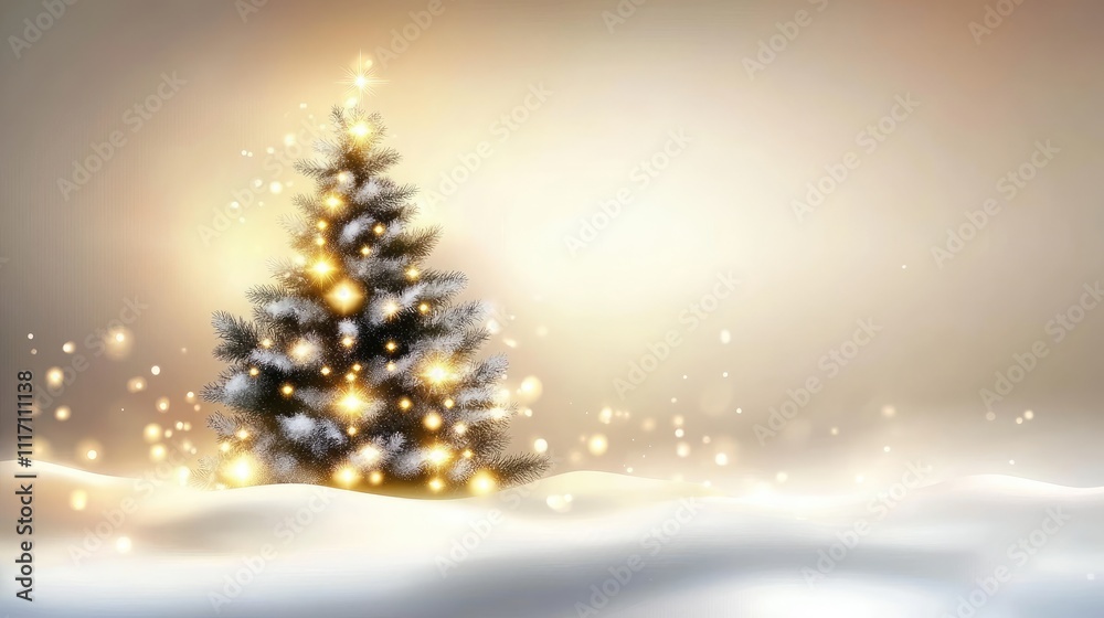 Winter backdrop with a snow-covered Christmas tree, warm festive garland lights glowing, soft blurred holiday border for widescreen designs. Winter backdrop with a snow-covered Christmas tree, warm festive garland lights glowing, soft blurred holiday border for widescreen designs.
