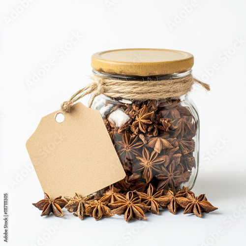 glass jar filled with star anise and empty tag evokes rustic charm photo