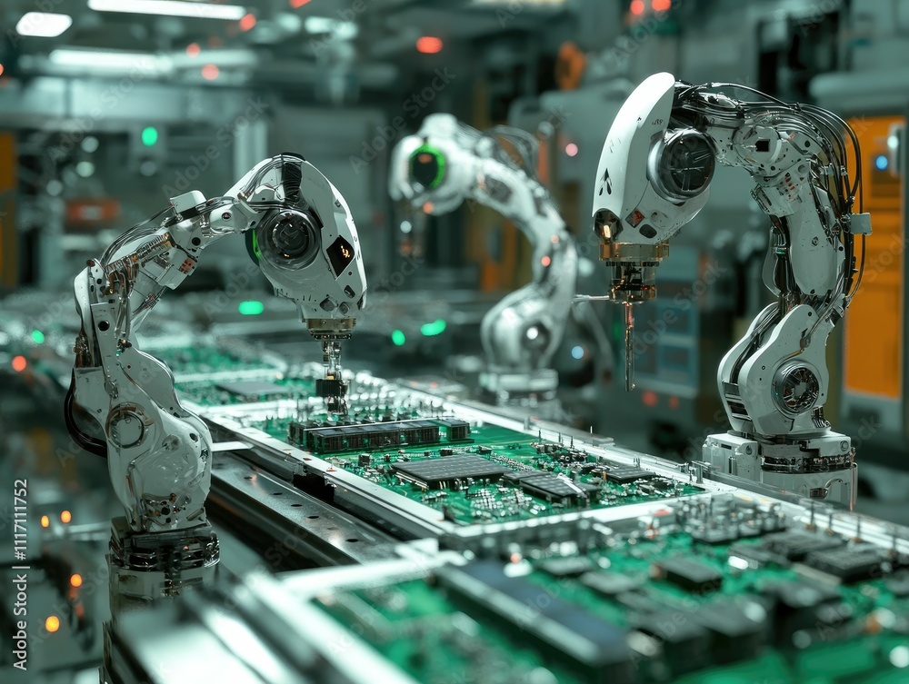 Robotic arms assembling circuit boards in factory. Robotic arms assembling circuit boards in factory.