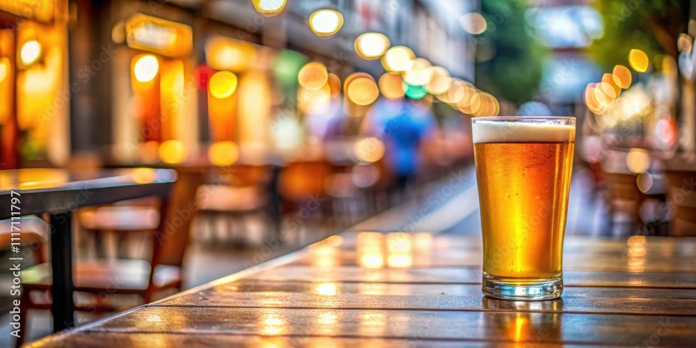 Cold craft beer in glass on wooden table at street cafe with blurred background, craft beer, cold Cold craft beer in glass on wooden table at street cafe with blurred background, craft beer, cold